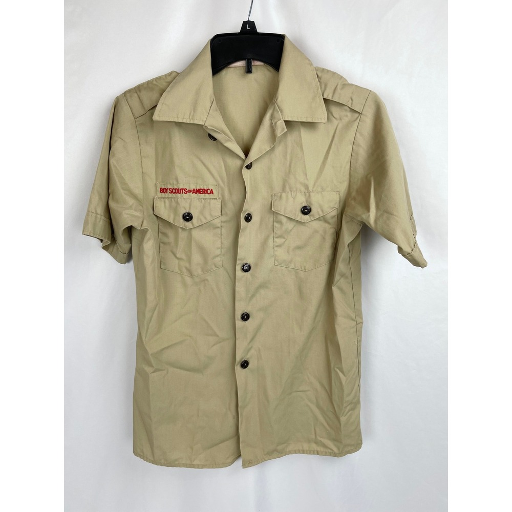Boy Scouts of America Youth Large 14-16 Tan Button Up Short Sleeve Shirt FLAW